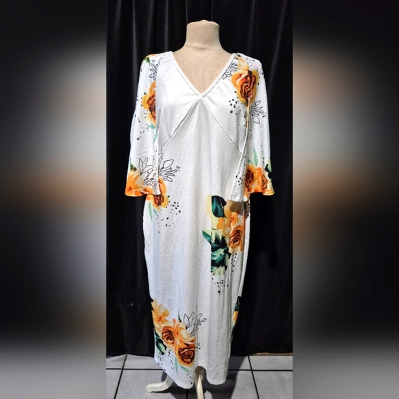 Floral White Maxi Dress with Orange and Green Accents - Picture 1 of 5